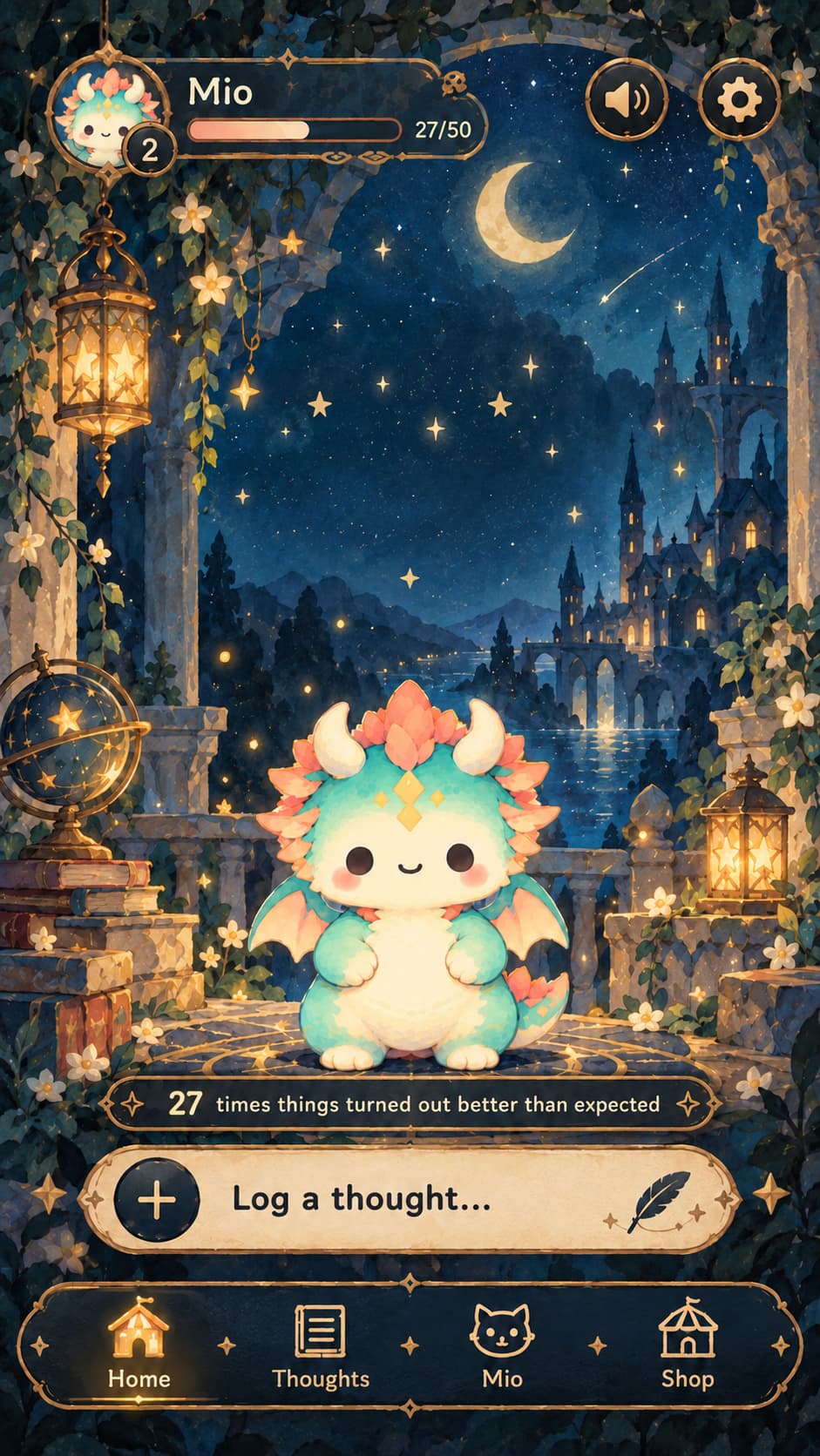Morimio’s Home screen with Mio, the outcomes counter, and the Log a thought action
