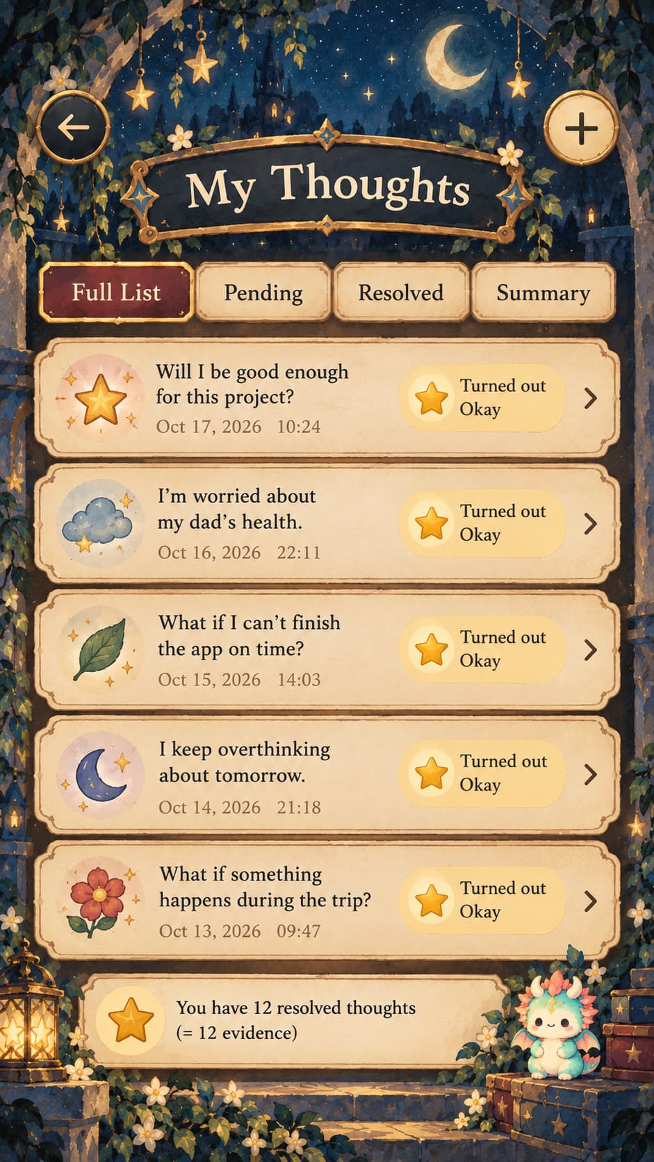 Morimio’s My Thoughts screen showing logged thoughts, their outcomes, and Full List, Pending, Resolved, and Summary tabs