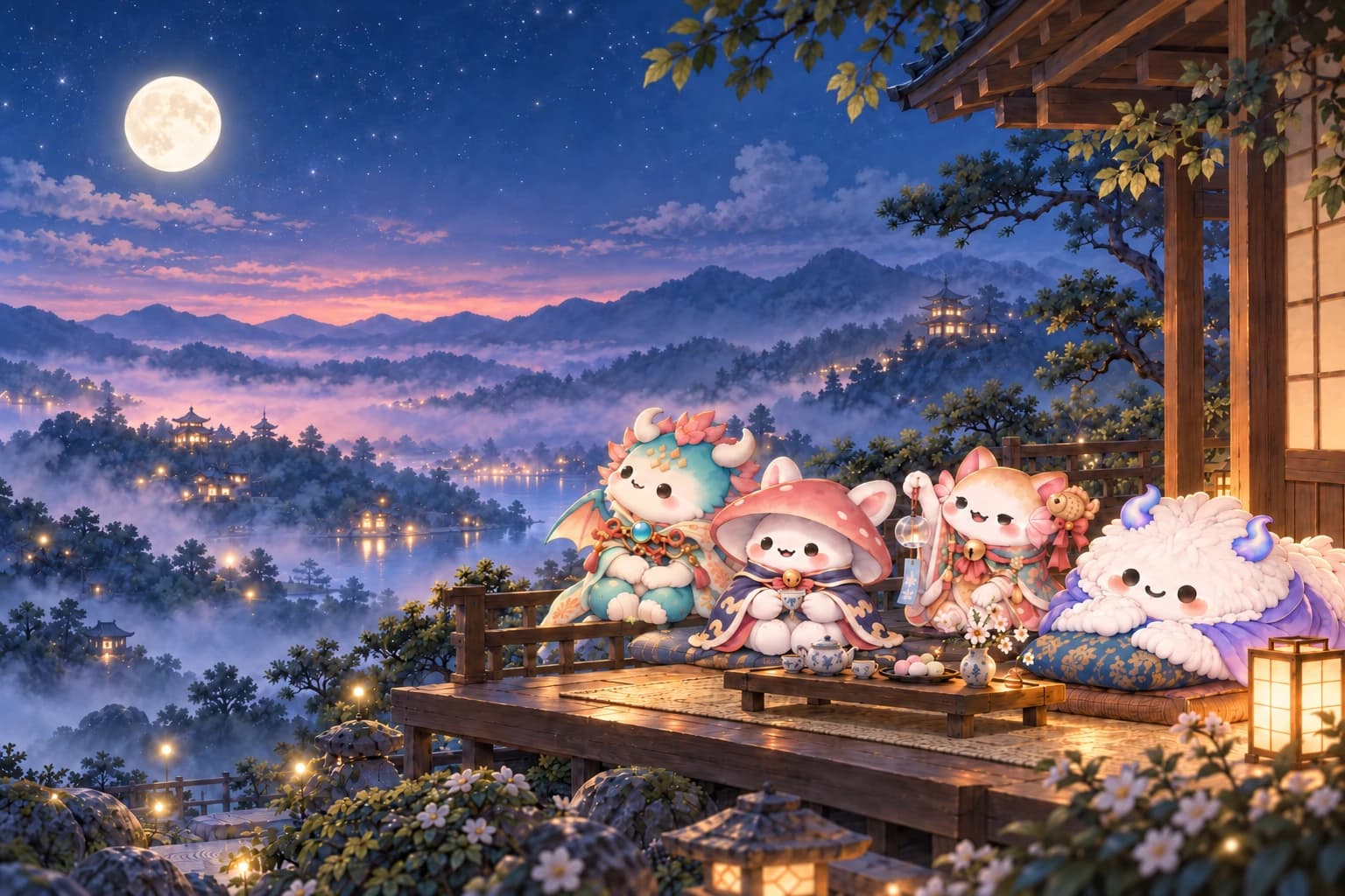 The four Mios relaxing on a lantern-lit terrace overlooking a moonlit mountain valley